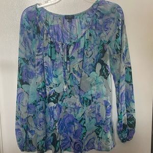 Jessica Simpson medium gray with purple, blue, green and black floral print